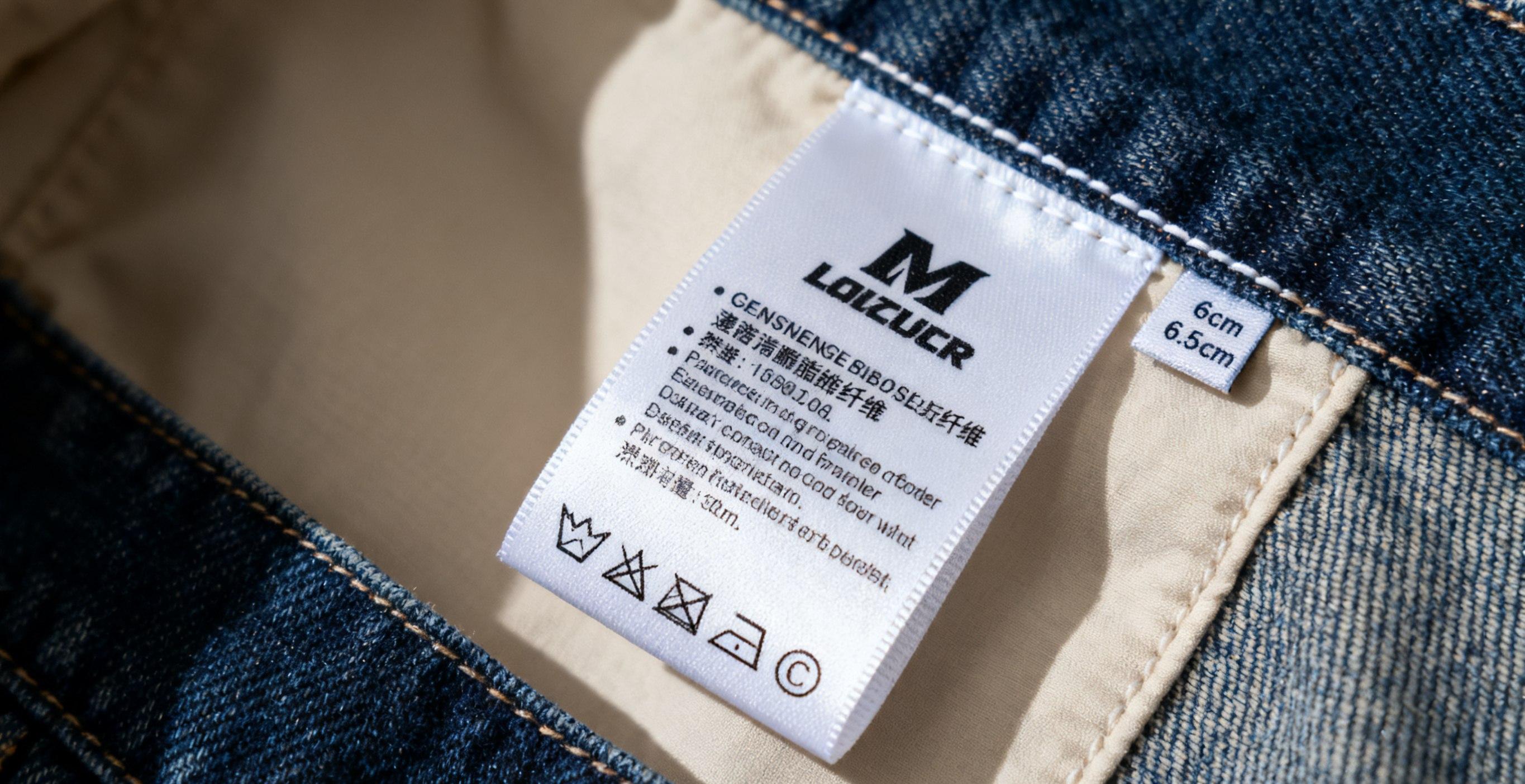 Polyester garment labels with brand logo and care text.